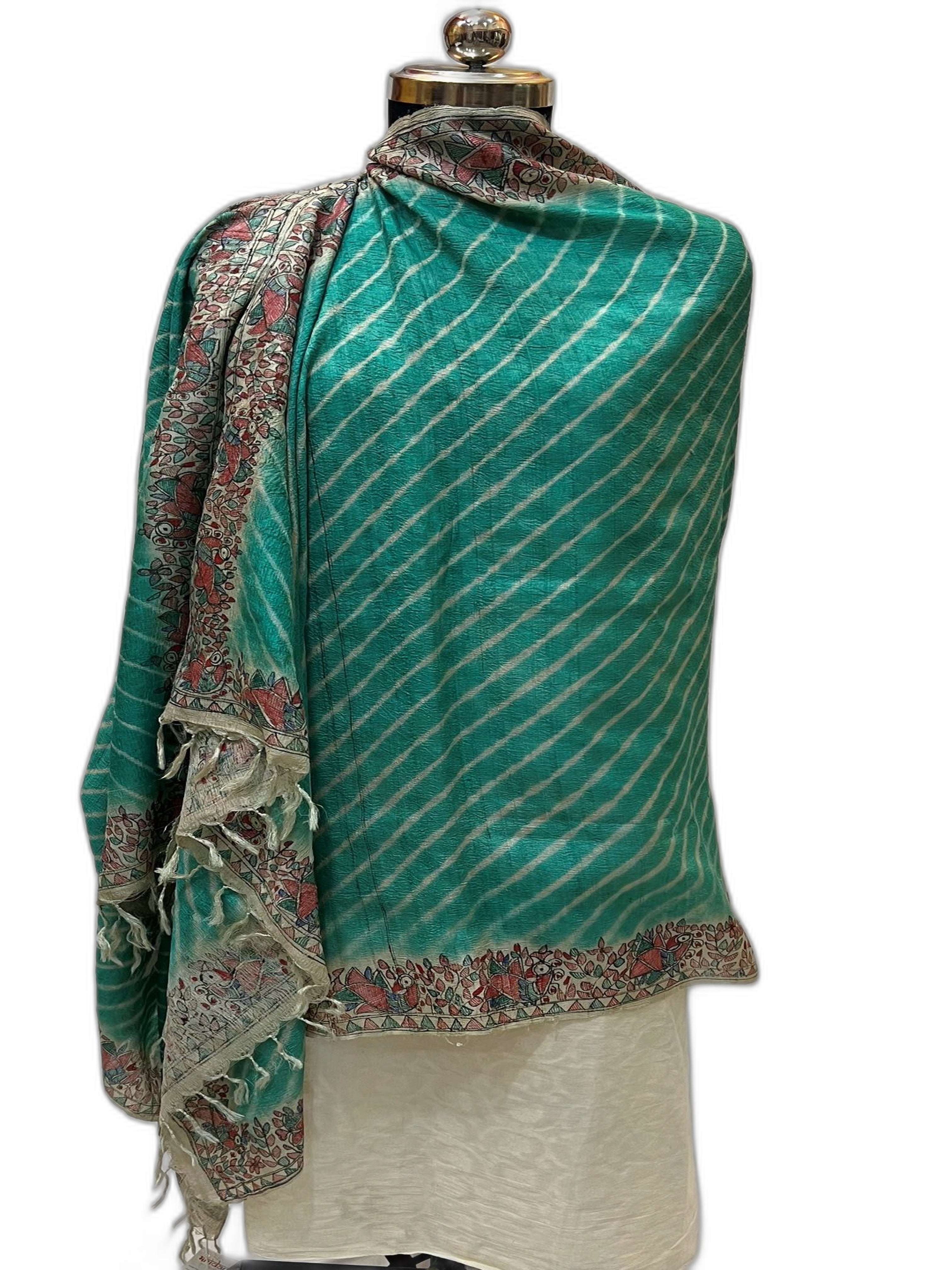 Hand-Woven Desi Tussar Silk Dupatta- Leherya & Hand-Painted Madhubani